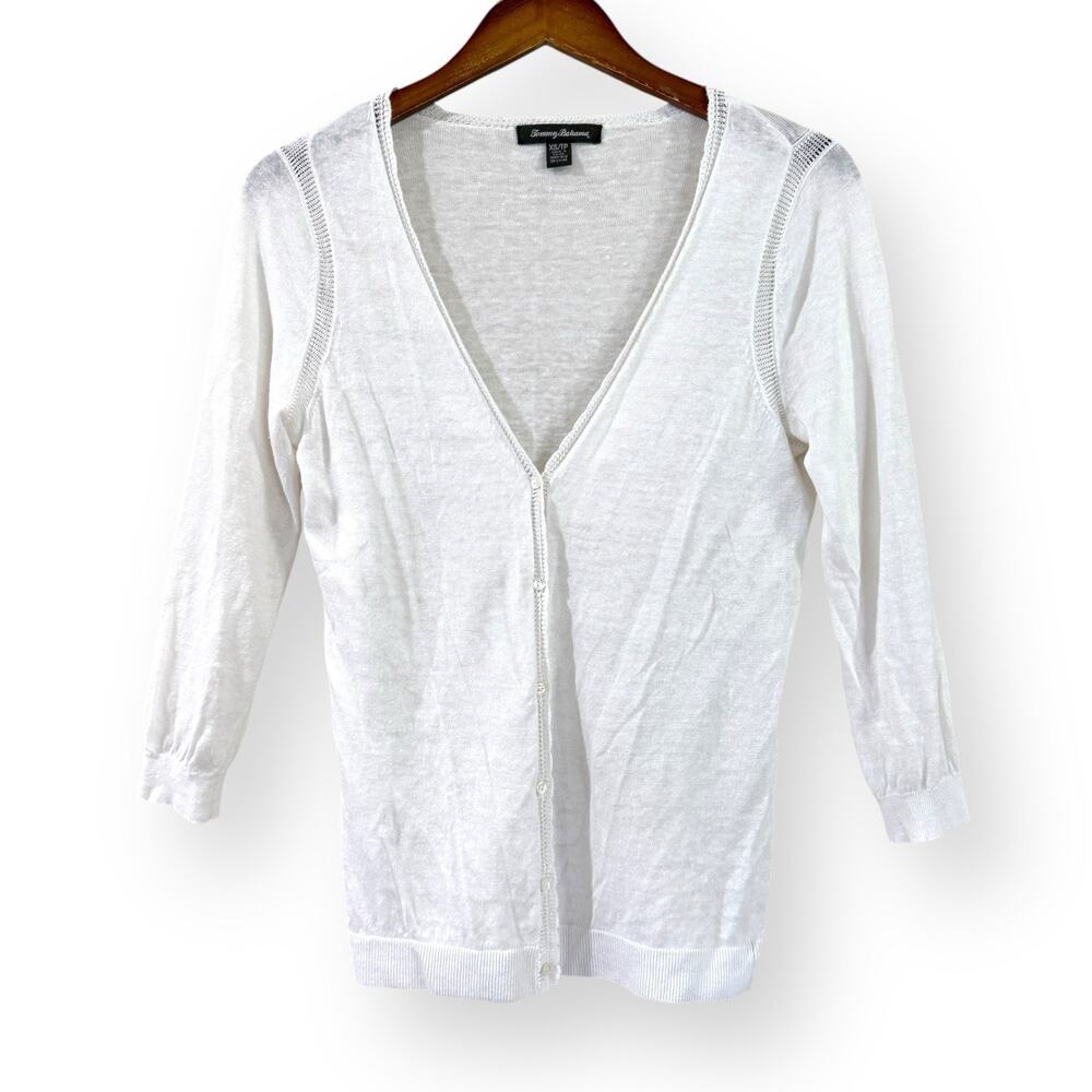 Tommy Bahama White Linen Cardigan XS Button Front V-Neck 3/4 Sleeve Coastal